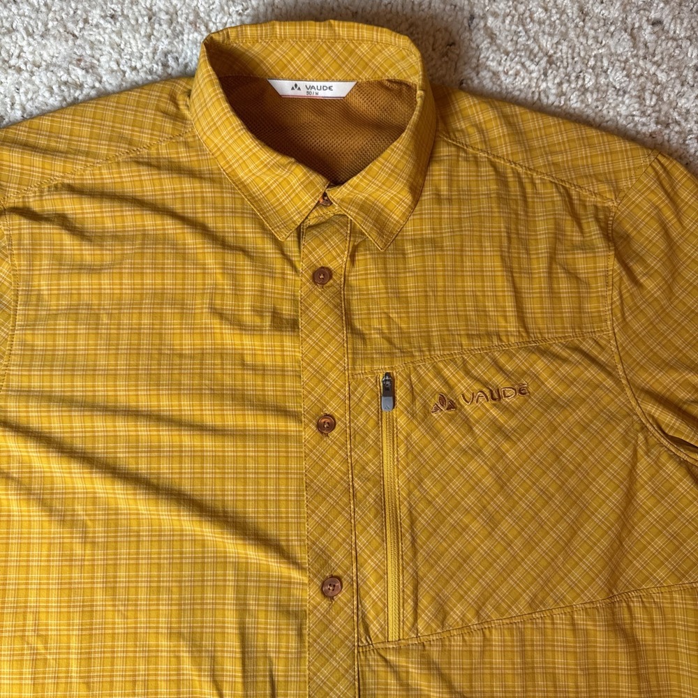 Vaude Hiking Shirt Men's‎ Mustard Medium 50 Plaid Short Sleeve Outdoors Vented